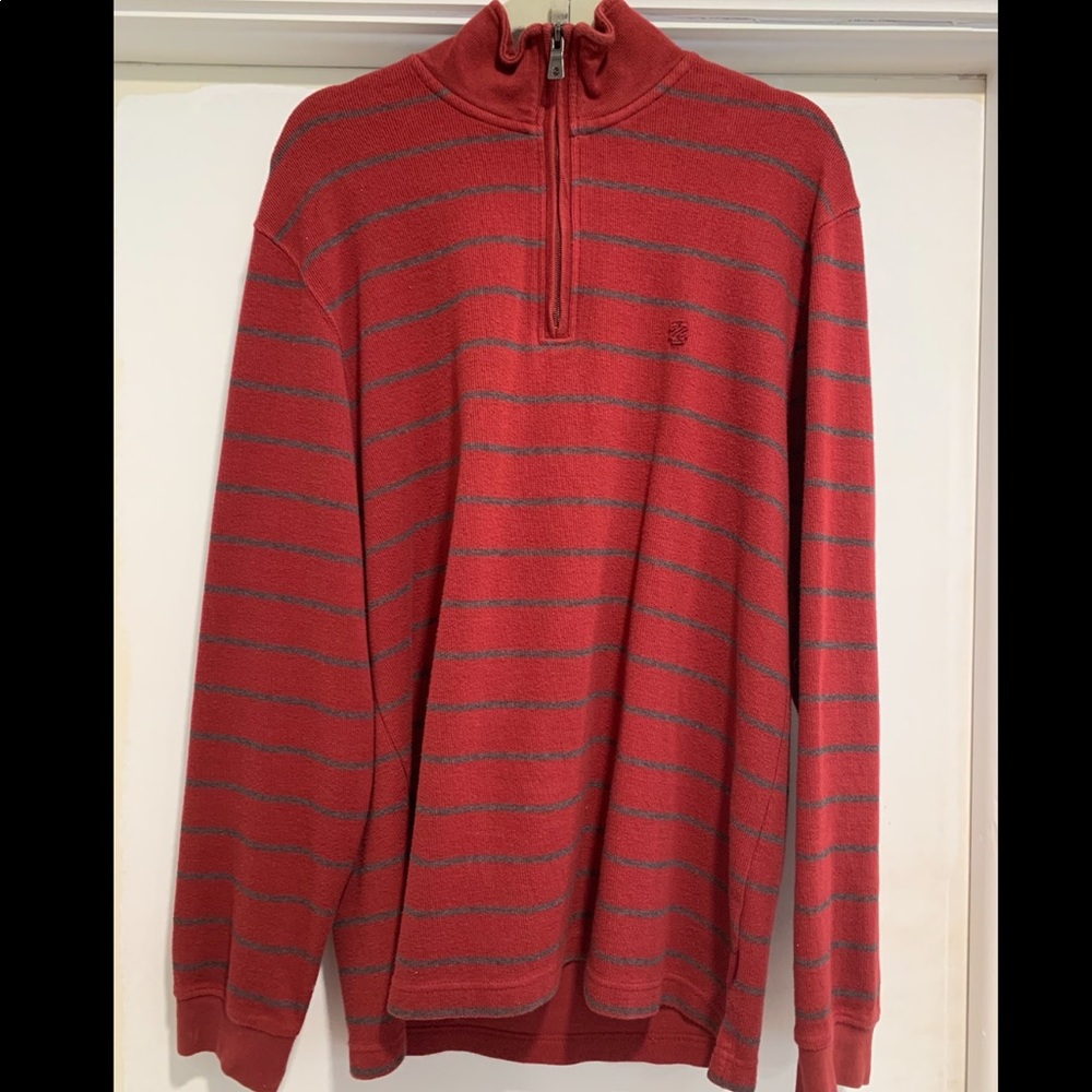 Men’s Izod Red Gray Striped Half Zip Sweater Medium